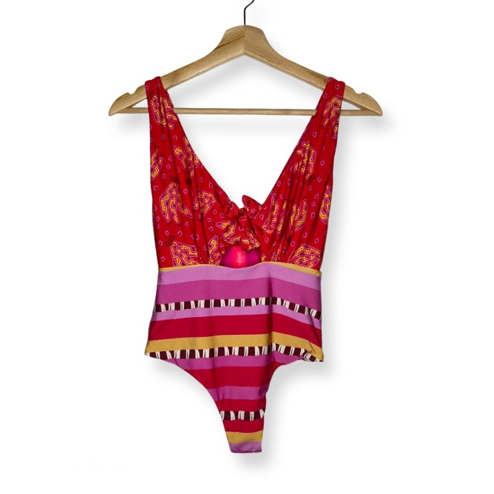 Farm Rio Red Tiki Bananas Lucy Stripe One Piece Swimsuit S M Mix Print Tie Front - Picture 5 of 6